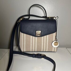 Dune London Handbag Women Navy Beige Stripe Crossbody Gold Hardware